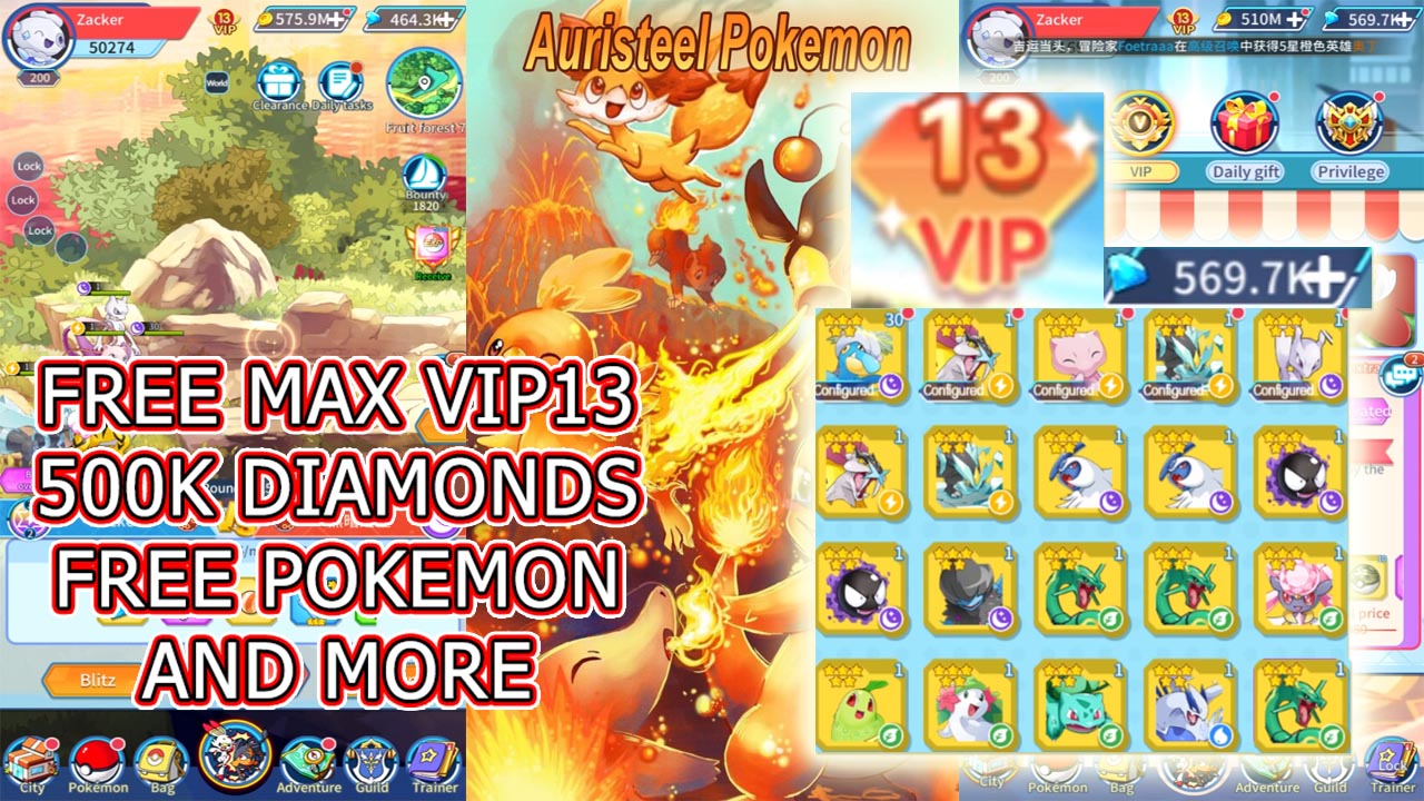 Auristeel Pokemon Gameplay Free Max VIP 13 - 500k Diamonds - Free Pokemon and more | Auristeel Pokemon Mobile RPG Game | Auristeel Pokemon 