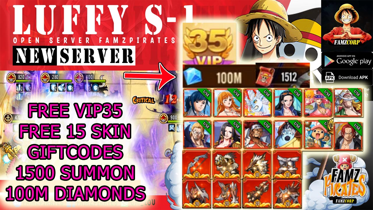 Famz Pirates Gameplay Giftcodes FREE VIP35 & 100M Diamonds & 15 Skin & Free Summon | Famz Pirates Mobile One Piece Private Server | Famz Pirates Famzcorp 