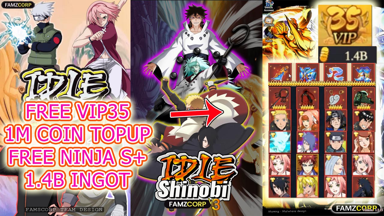 Idle Shinobi Famzcorp V3 Gameplay Free VIP 35 - Free 1M Coin Topup - Free Ninja S+ | Idle Shinobi Famzcorp Mobile Naruto Private Game | Idle Shinobi Famzcorp 