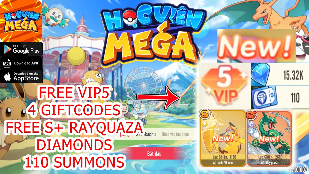 Học Viện Mega & 4 Giftcodes Gameplay Free VIP5 Free S+ Rayquaza Android APK Download | Học Viện Mega Mobile Pokemon RPG Game 