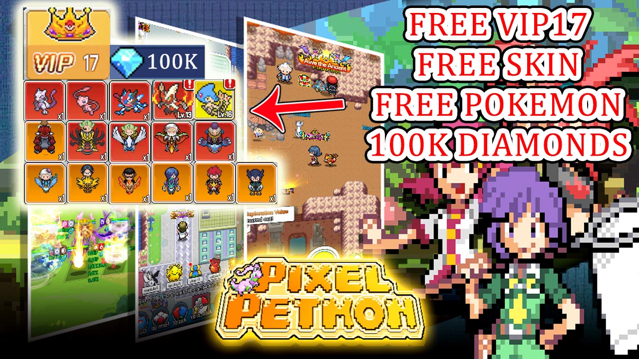 Pixel Petmon Gameplay Free Max VIP17 & 100K Diamonds & Free Pokemon & Free Skin | Pixel Petmon Mobile Pokemon RPG Game Private Server 