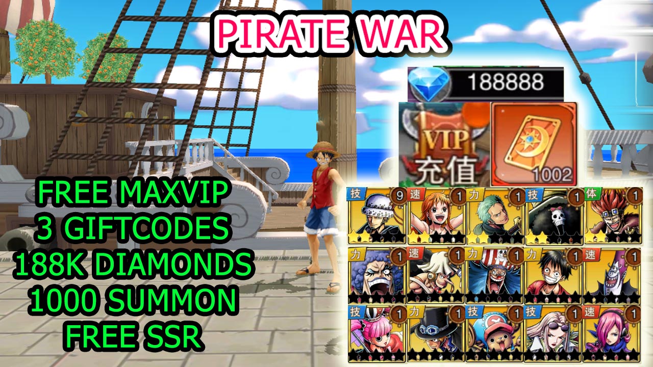 Pirate War Gameplay Free Max VIP - 3 Giftcodes - 1000 Summon Tickets - Free SSR | Pirate War Mobile One Piece RPG Game | Pirate War 