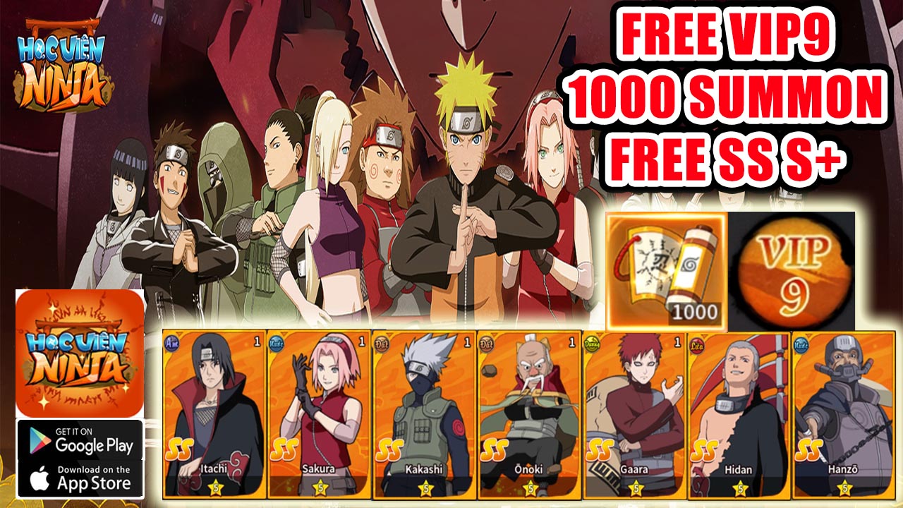 Học Viện Ninja Mobile Gameplay & 3 Giftcodes Free VIP 9 - 1000 Summon - Free SS S+ | Học Viện Ninja Naruto RPG Game 